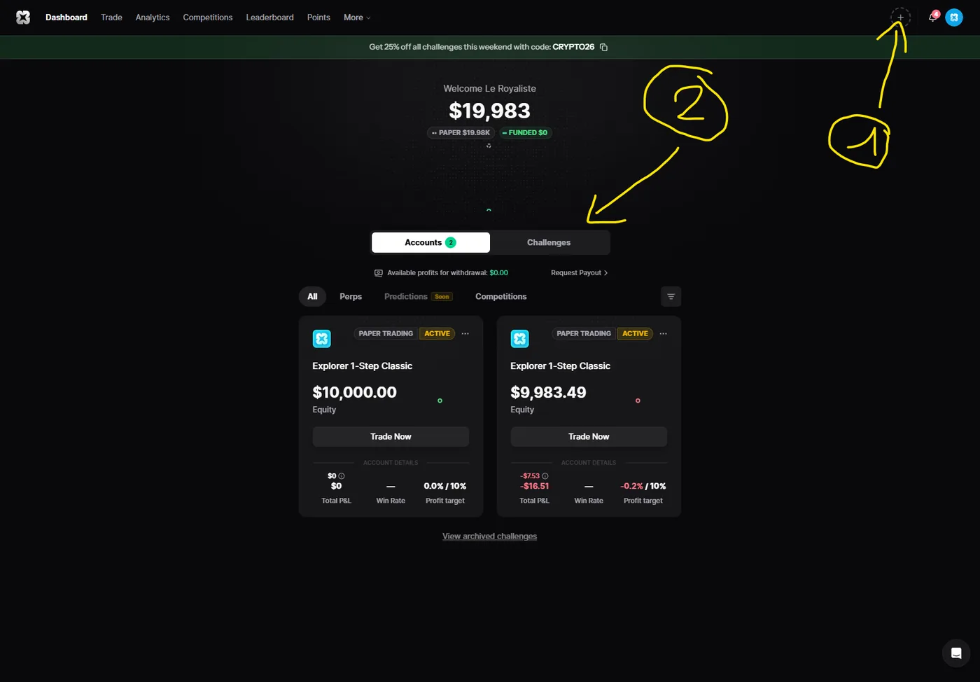 the Propr dashboard — (1) the + button, (2) the Challenges tab · 29 Aug 2026