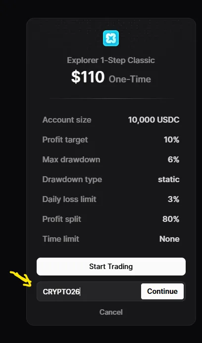 the coupon field under Start Trading — CRYPTO26 applied (weekend promo, 29 Aug 2026)