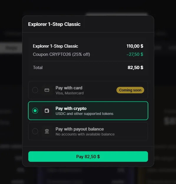 checkout recap: $82.50 after coupon · card = coming soon · crypto selected · 29 Aug 2026