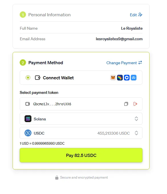 the crypto checkout: wallet connected, Solana network, USDC — Pay 82.5 USDC