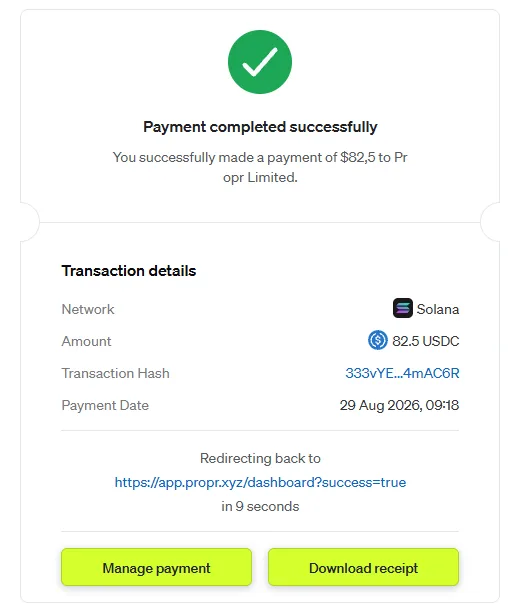 payment confirmed: 82.5 USDC on Solana, tx hash displayed, 29 Aug 2026 09:18
