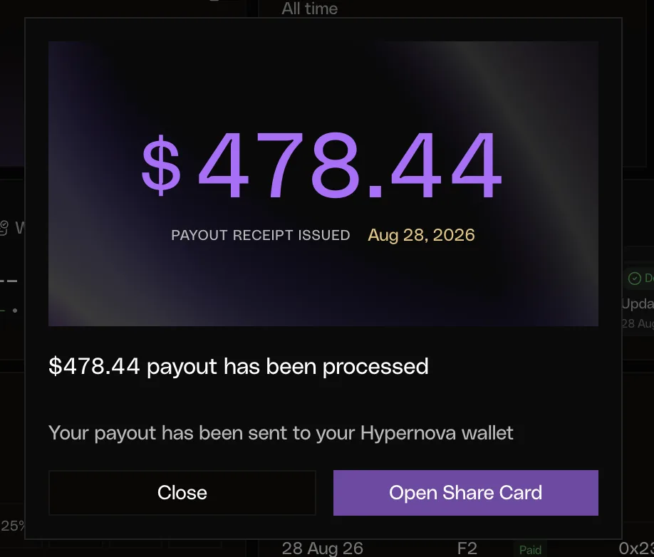 Reçu de payout Hypernova : 478,44 $ processed, receipt issued Aug 28, 2026