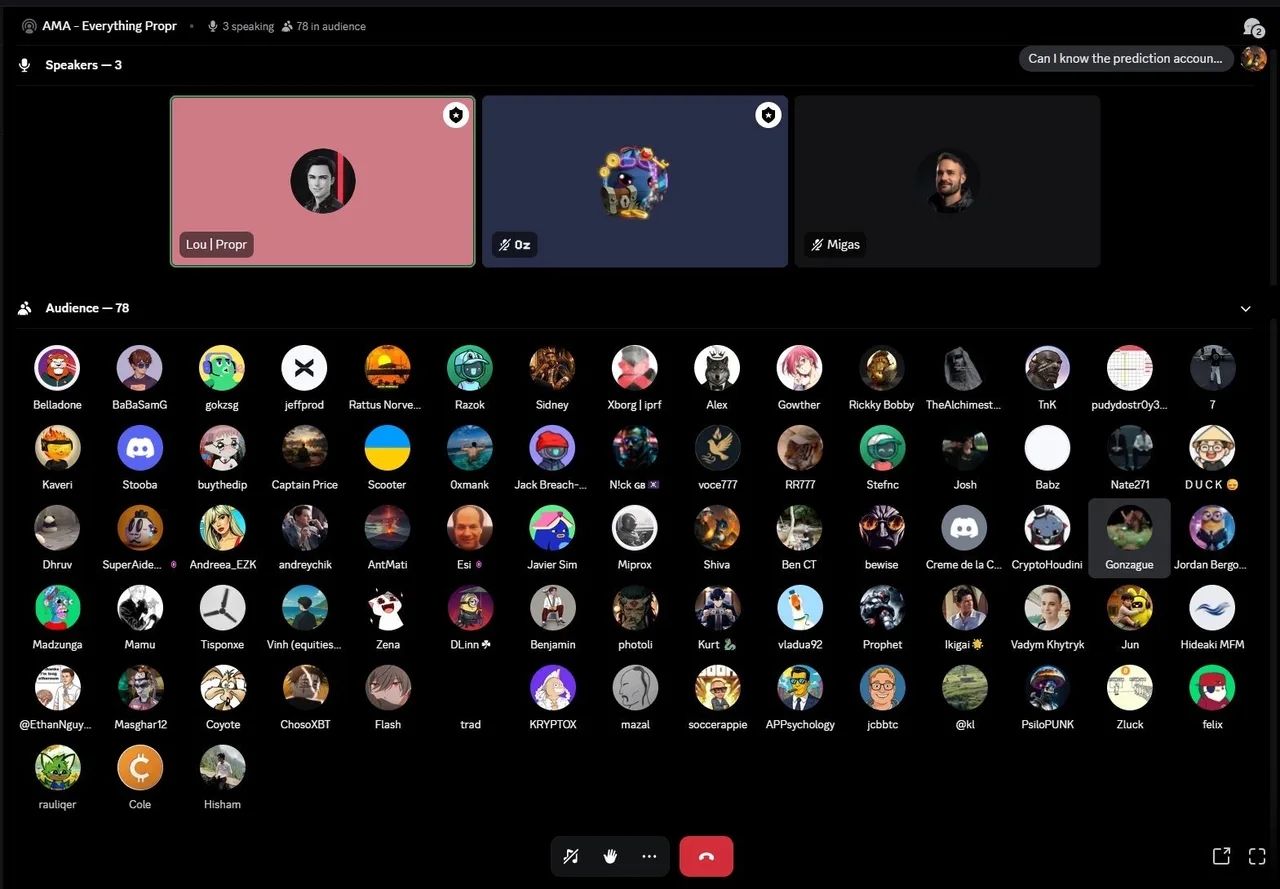 Propr's second official AMA on Discord — founder Lou speaking, 78 people in the audience