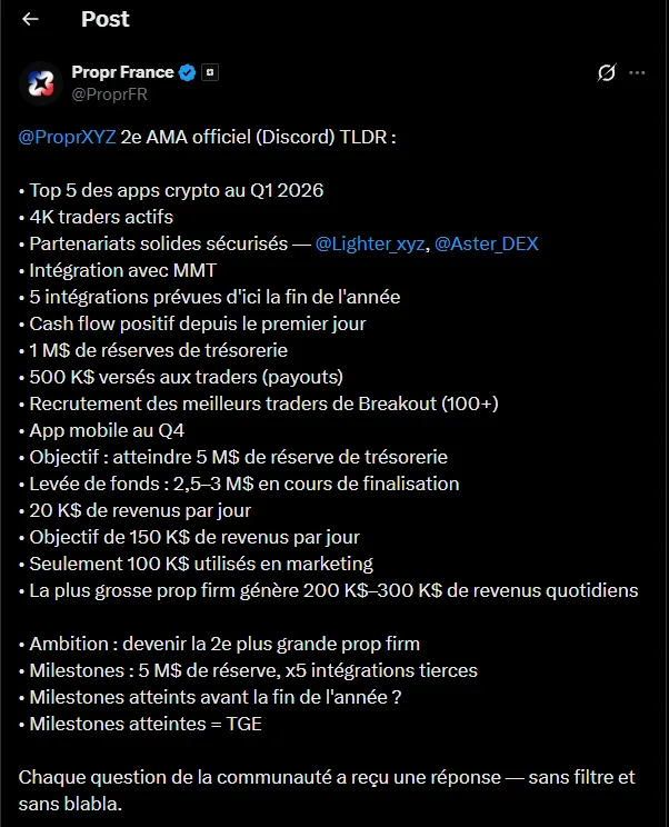 TLDR of Propr's second official AMA, posted by @ProprFR on August 12, 2026