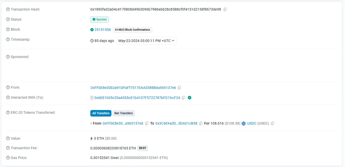 un payout roya sur etherscan : usdc envoyés via le contrat payout distributor de propr, statut success — c'est ça, un paiement vérifiable