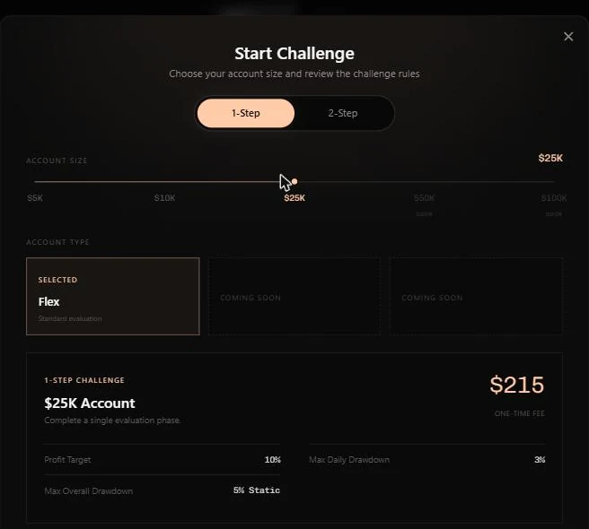 Checkout, onglet 1-Step : 25K Flex à 215 $, cible 10 %, drawdown journalier 3 %, 5 % statique global — et aucune ligne « jours profitables minimum »