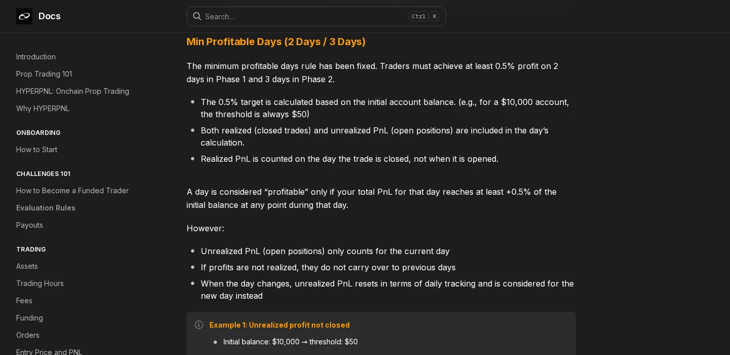 Docs GitBook — « Min Profitable Days (2 Days / 3 Days) » : au moins 0,5 % de profit sur 2 jours en Phase 1 et 3 jours en Phase 2 — règle absente de la home