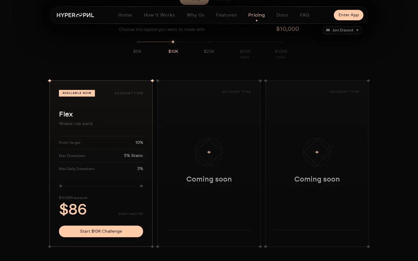 Pricing : 1-Step Flex 10 000 $ à 86 $ — cible 10 %, 5 % drawdown statique, 3 % journalier ; 50K et 100K toujours « Soon », deux types de compte « Coming soon »