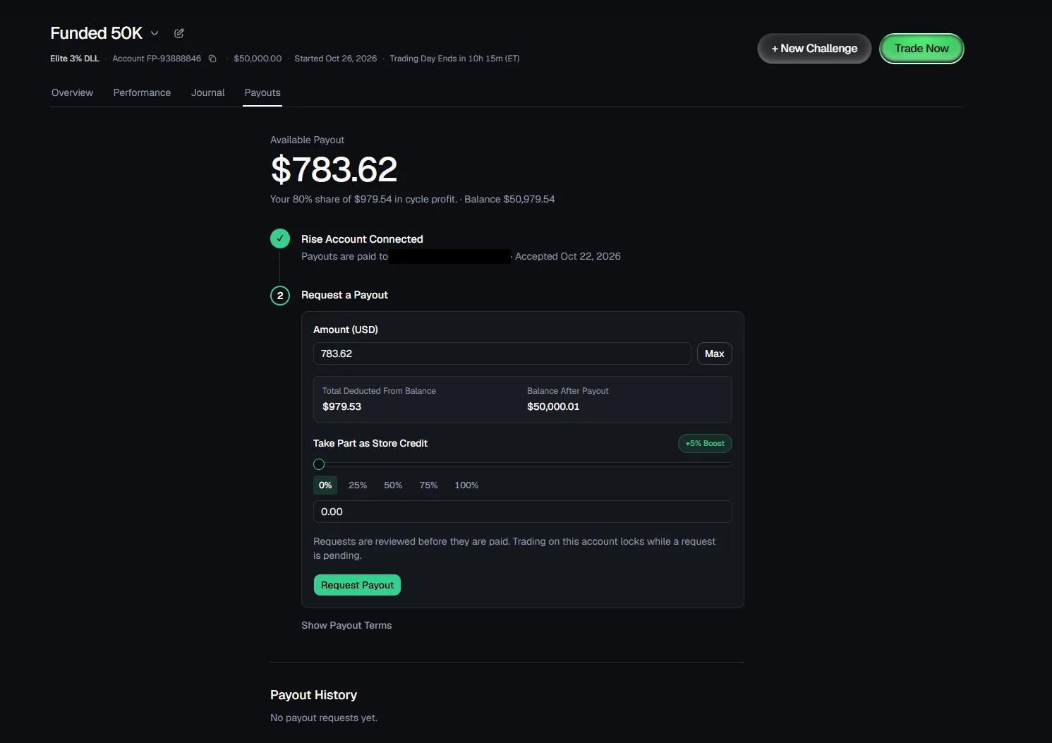 Payouts tab of our Funded 50K at MyFundedPerps (Elite 3% DLL, FP-93888846, started Oct 26, 2026): Available Payout $783.62, your 80% share of $979.54 in cycle profit, balance $50,979.54; Rise account connected (address masked); Total Deducted From Balance $979.53; Balance After Payout $50,000.01