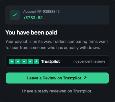 MyFundedPerps window after payment: Account FP-93888846, +$783.62, 'You have been paid — Your payout is on its way', with a button to leave a Trustpilot review