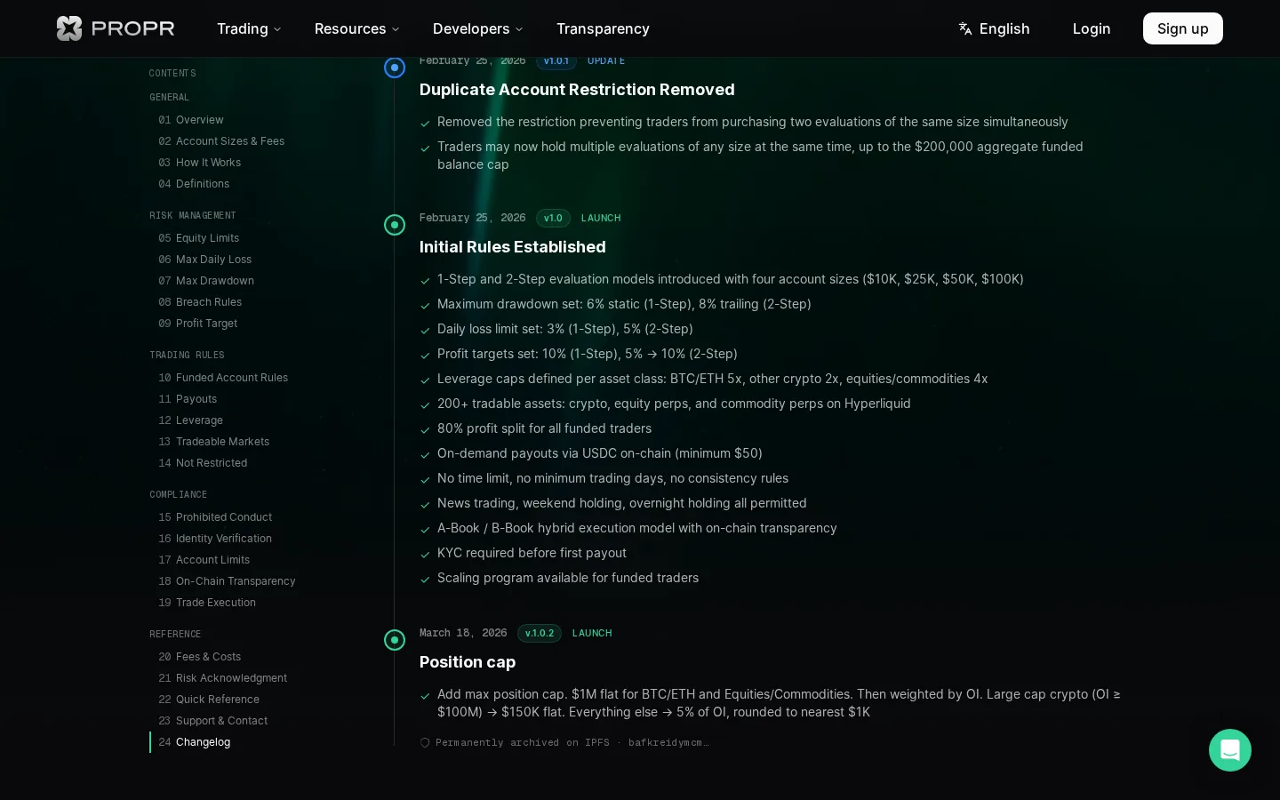 Changelog du rulebook tel que publié : v1.0 (25 fév.), v1.0.1 (25 fév.), v1.0.2 (18 mars 2026) — aucune version plus récente listée à cette lecture