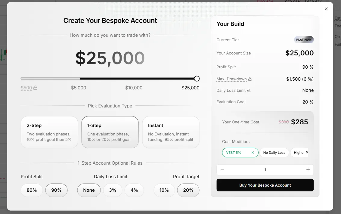 Vest Capital 'Create Your Bespoke Account' builder, 9 October 2026: Platinum $25,000, 1-Step, 90% profit split, Daily Loss Limit None, 20% goal, Max. Drawdown $1,500, one-time cost $300 struck through and $285, Cost Modifiers chips including 'VEST 5%'