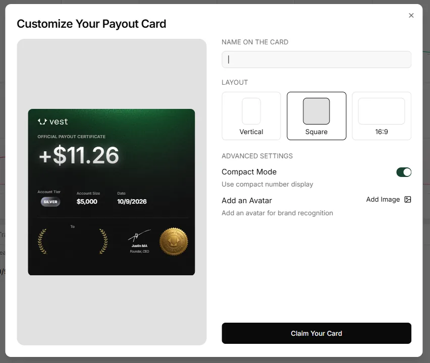 La carte « Official Payout Certificate » générée par l'app Vest, 9 octobre 2026 : +11,26 $, Silver, 5 000 $, 10/9/2026 — une image générée, pas une preuve de paiement