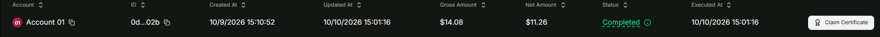 Vest Capital payout history row, captured 10 October 2026: Account 01, gross $14.08, net $11.26, status Completed