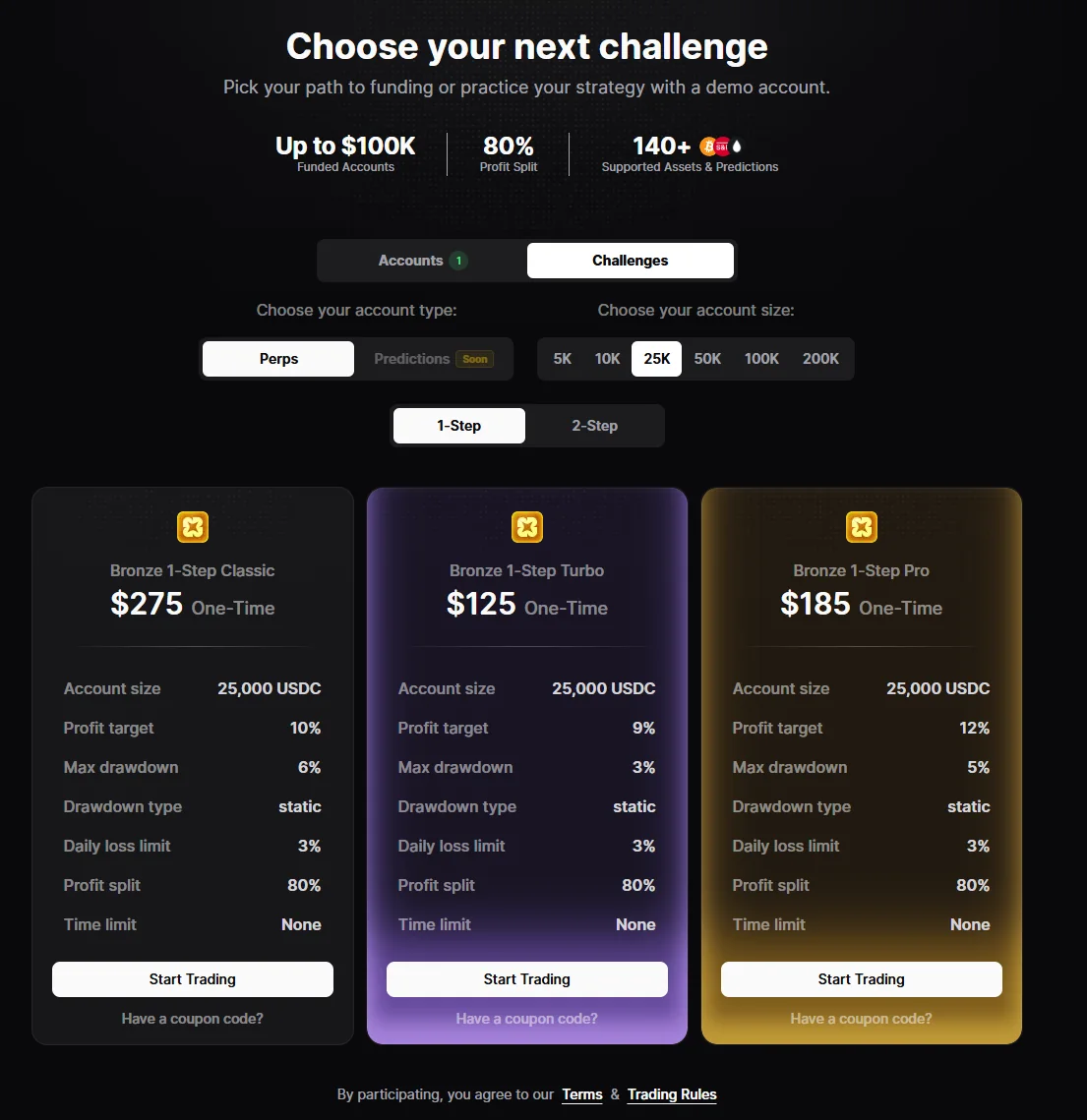 l'écran de configuration d'un challenge Propr 25K, avec le prix ($275), l'objectif de profit et les limites de perte affichés avant paiement.