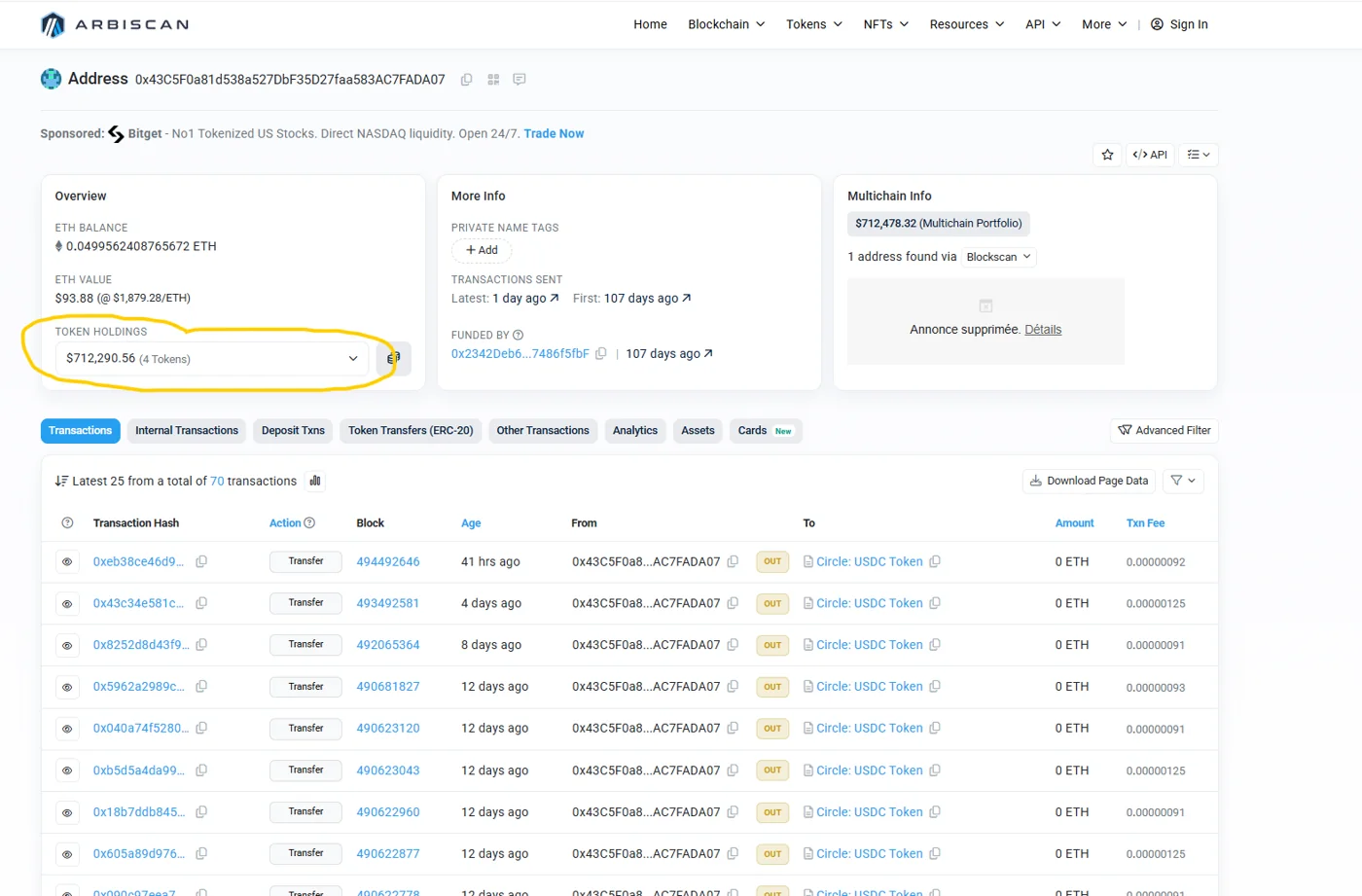 la page Arbiscan du wallet de réserve d'Hypernova (0x43c5…da07) montrant le solde USDC, avec le montant et la date de lecture entourés.