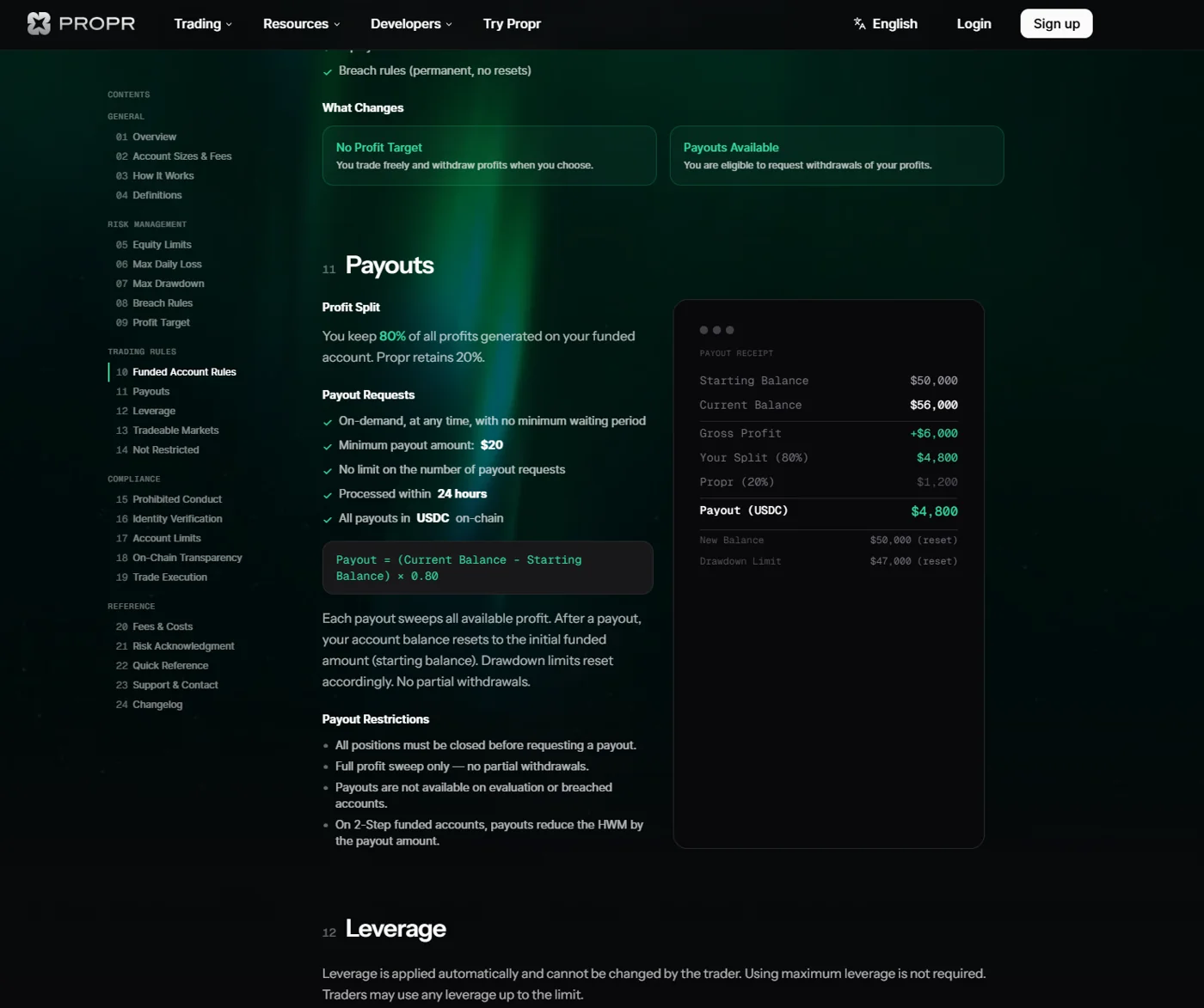 la section scaling du rulebook d'une firm (Propr v1.0.5 par exemple) montrant les paliers d'augmentation du capital et leurs conditions.