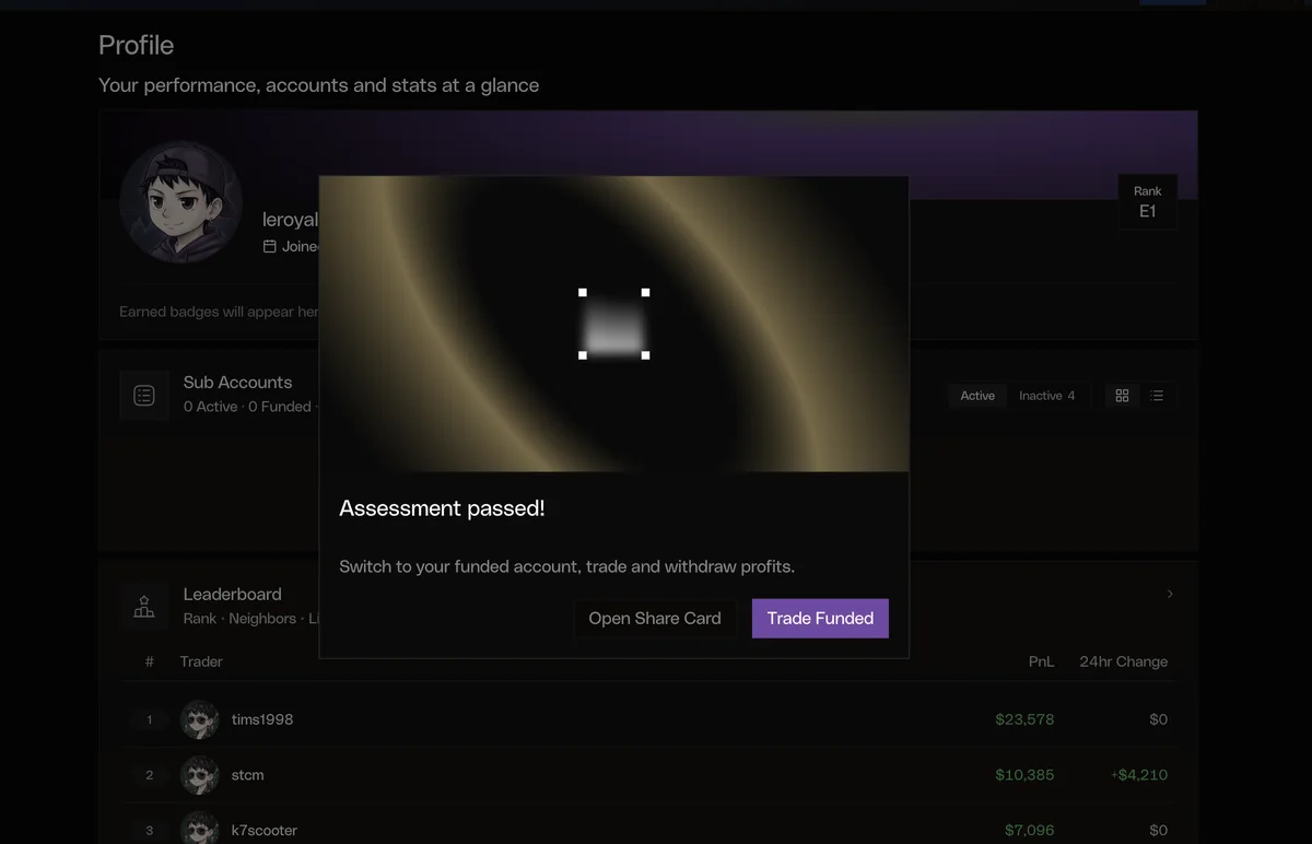 Hypernova profile: Assessment passed! — switch to your funded account, trade and withdraw profits